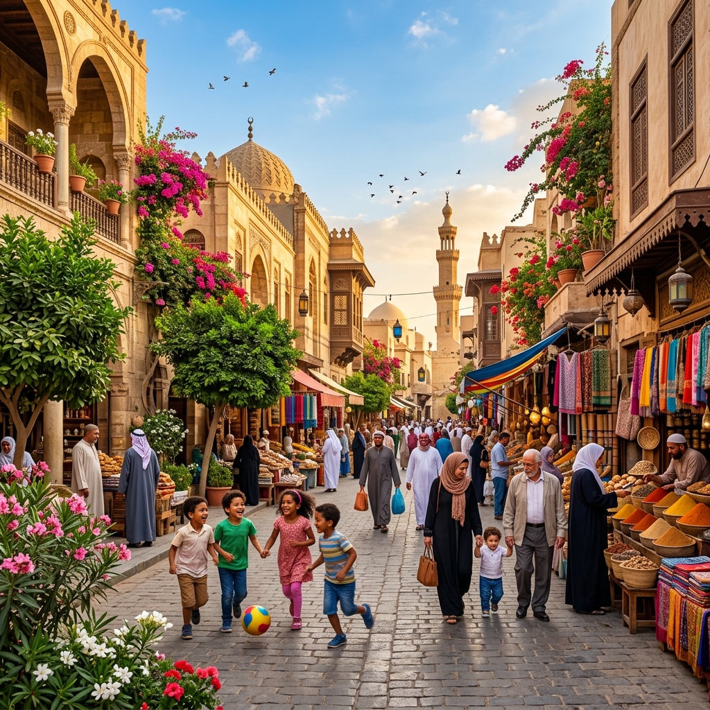 A street full of life, children playing, markets open
