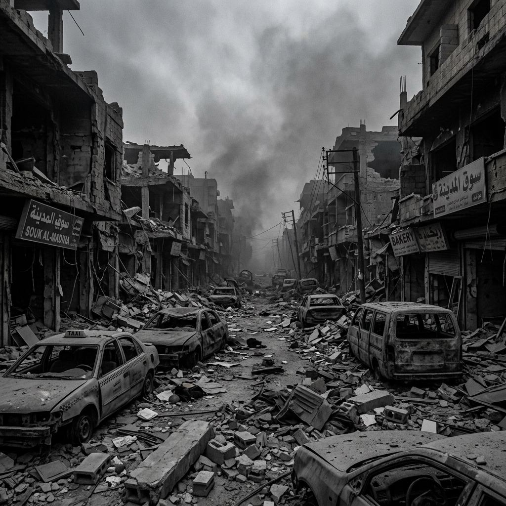 The same street bombed, empty, in rubble